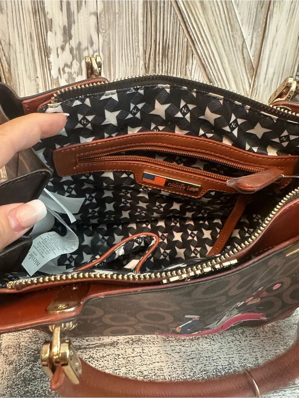 Nicole Lee USA Brown Satchel Handbag Purse Retro Convertible Print NWT Tags
